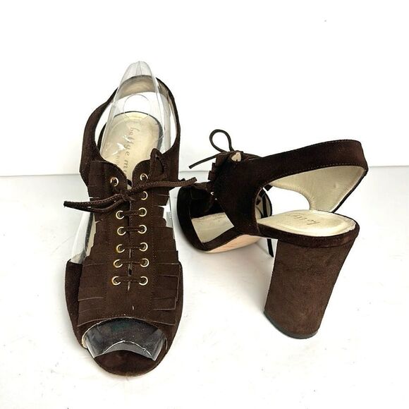 Bettye Muller Brown Suede High Heels Sandals Lace Up with Fringes Italy 40 US 10 - Picture 4 of 15